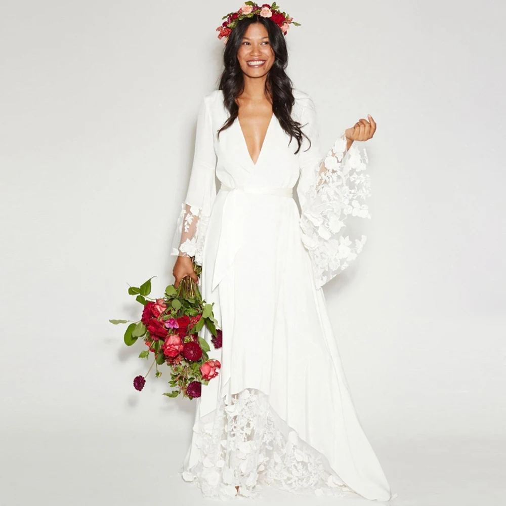 

boho wedding gowns beach vestido de noiva V neck Flare Sleeve vintage lace long dresses robe de mariee manche longue abito da sp