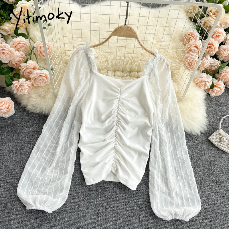 

Блузка Yitimoky женская с пышными рукавами и V-образным вырезом, однотонная модная офисная рубашка в Корейском стиле, одежда черного и белого цв...