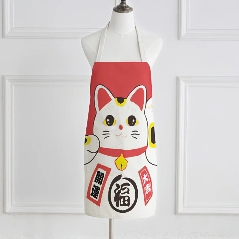 

Cotton Linen Apron Japanese Cartoon Lucky Cat 60*68cm Red Sleeveless Apron Water and Oil Proof Household Kitchen Supplies