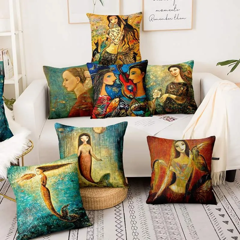 Ручная роспись с русалочкой для девочек художественным принтом наволочка Винтаж