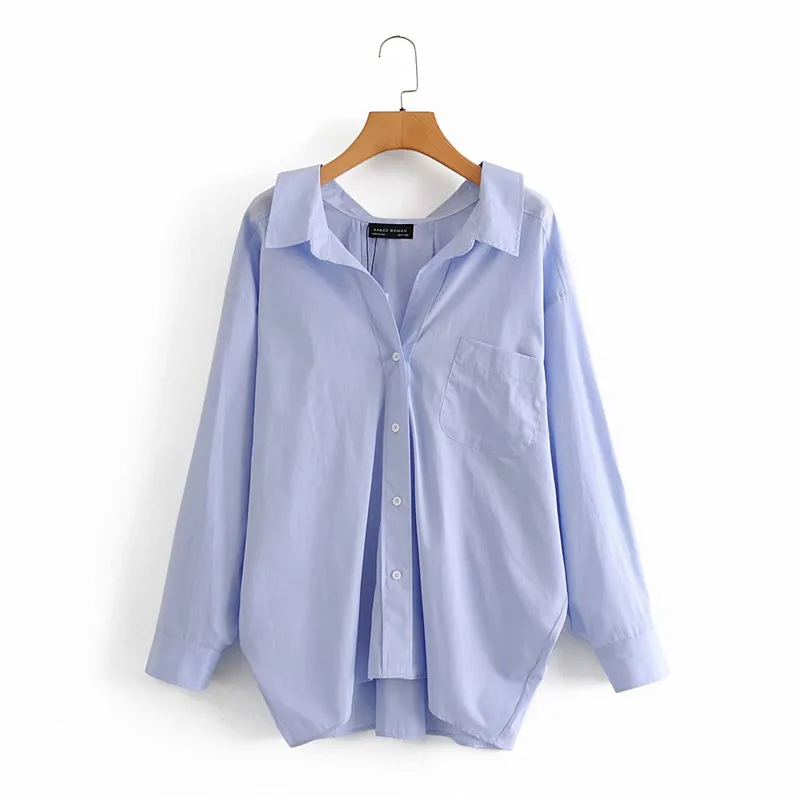 

Evfer Women Casual Za Blue Loose Poplin Shirts Oversize Tops Ladies Fashion Long Sleeve Single Breasted Turn-down Collar Blouse