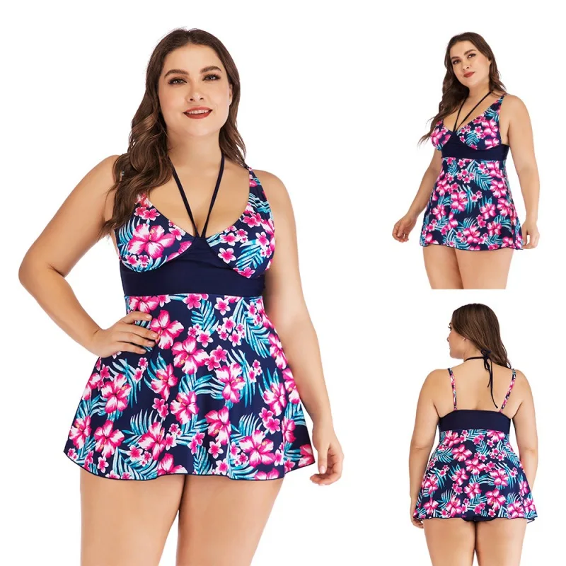 Женский купальник летний винтажный размера плюс цветочный принт на шее два