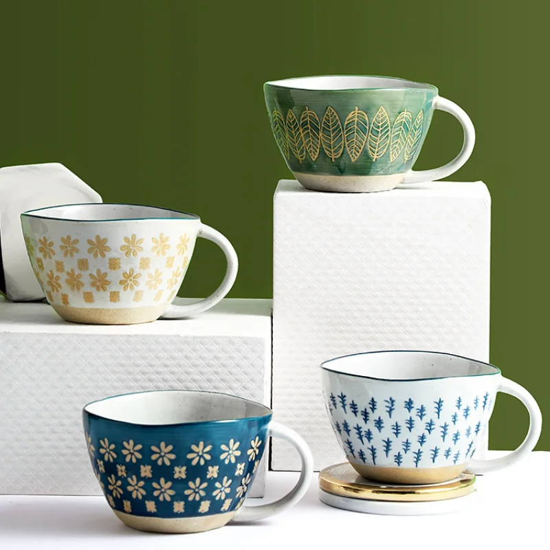 320ml / 400ml Japanese ceramic coffee cup with handle retro pastoral water embossed Mug creative milk Drinkware | Дом и сад