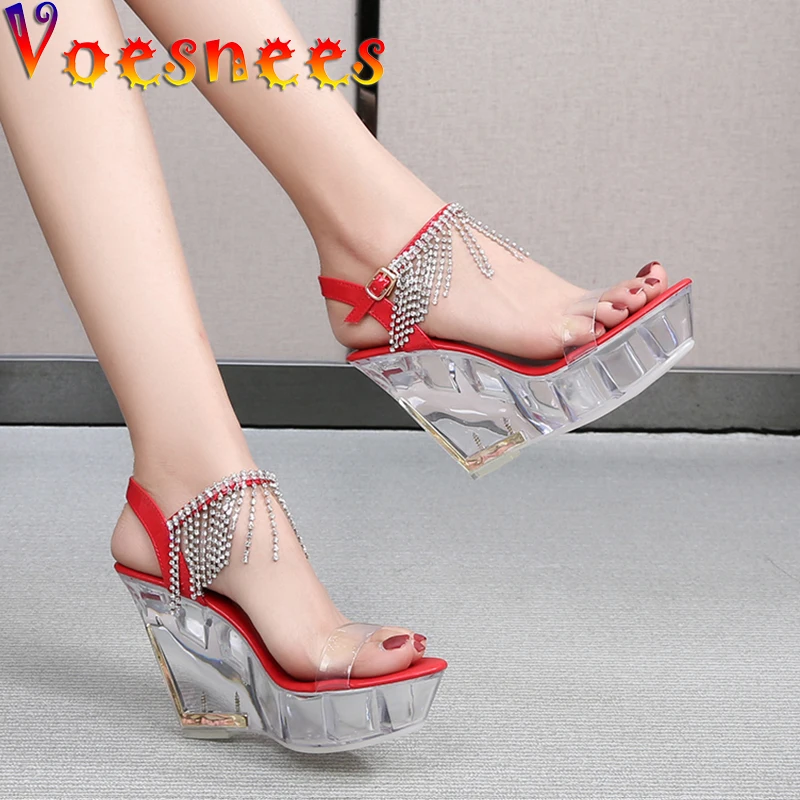 

Voesnees Fashion show Women Club Party Shoes High-heeled Sandals Transparent Crystal Shoes Waterproof Platform 10CM Wedge Shoes