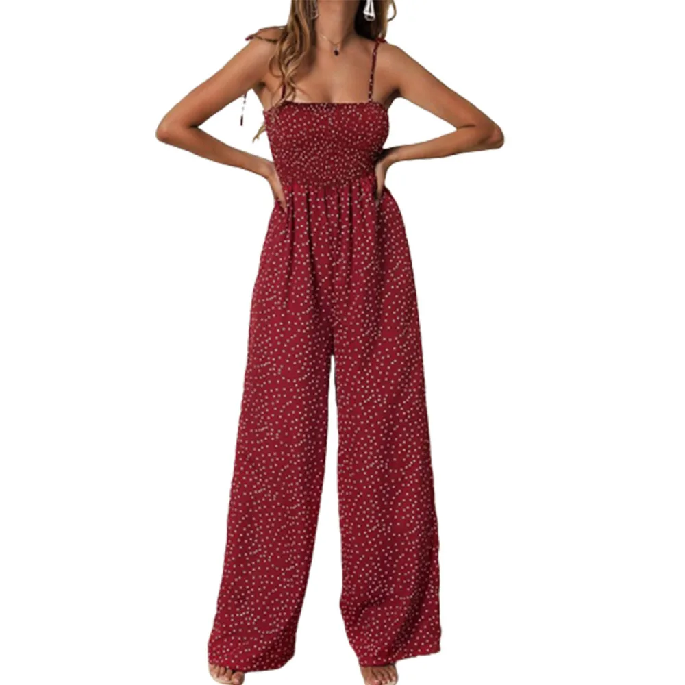 

Summer Jumpsuit Women Polka Dot High Waist Rompers Boho Yellow Spaghetti Strap Top Wide Leg Pants Female Clothes Ladies 2021