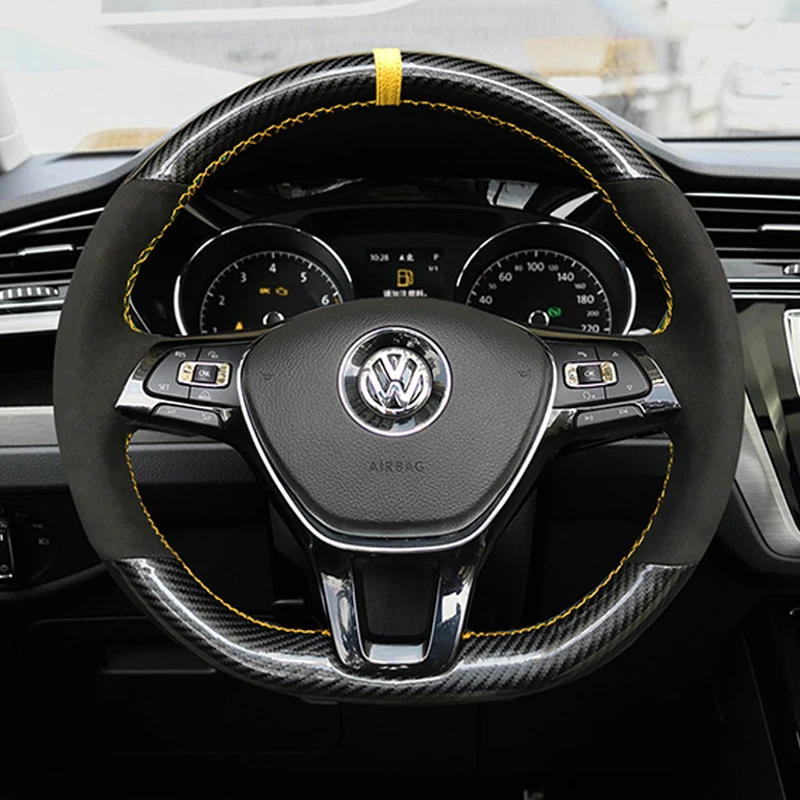 

5D Carbon Fiber & Suede Leather Yellow Thread Steering Wheel Hand Sewing Wrap Cover Fit For Volkswagen Golf 7 Mk7 Passat B8