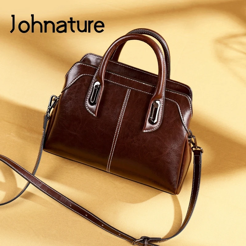 

Johnature Women Leather Bag 2021 New Fashion Boston Handbag Soft Cowhide Solid Color Large Capacity Shoulder Messenger Bas