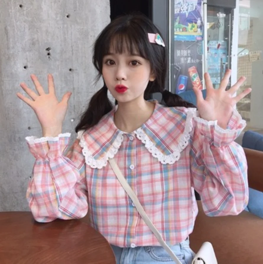 Милая женская зимняя рубашка в Корейском стиле Харадзюку с воротником Питер Пэн