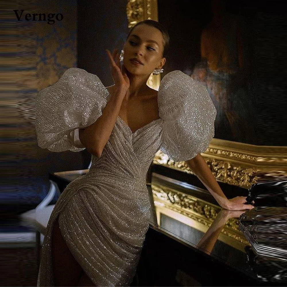 

Verngo Glitter Short Prom Dresses Sweetheart Puff Sleeves Pleats Asymmetric Modern Mini Formal Party Gowns