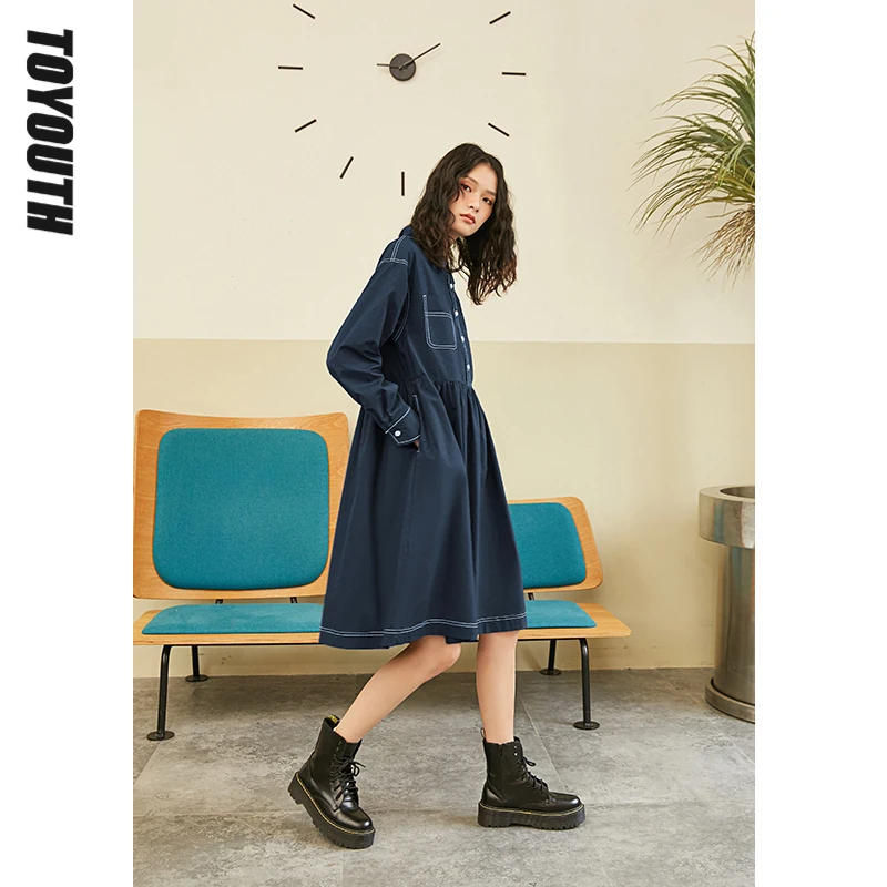 

Toyouth Women Dress Spring Long Sleeve Polo Neck Loose H Line Solid Royal Blue Chic Casual Dresses