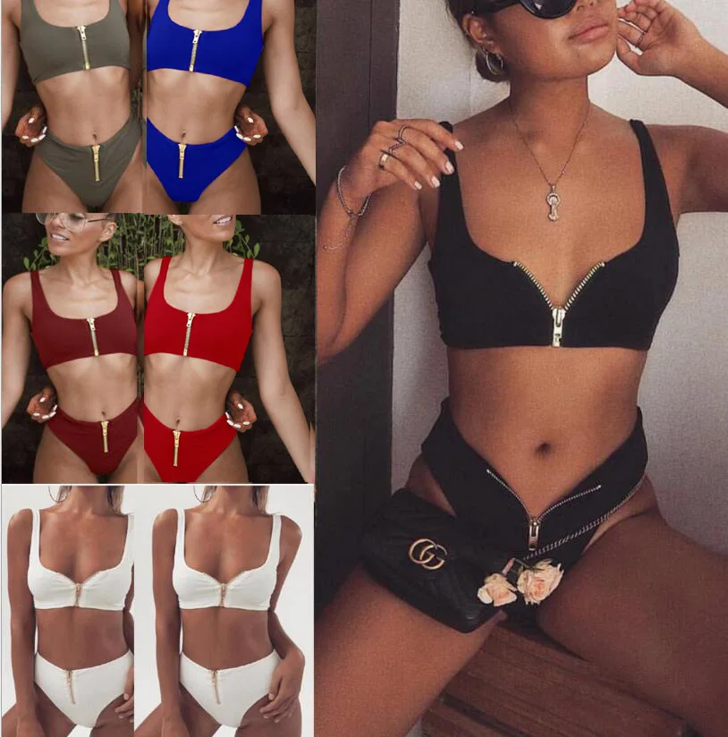 Женский раздельный купальник на молнии однотонный с высокой талией 5 цветов| |