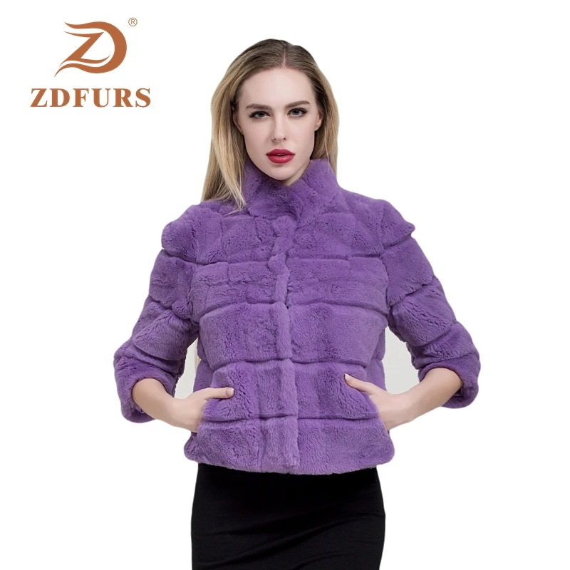 ZDFURS*2019 New Short rabbit fur Jacket 100% Full Pelt Genuine Real rex Rabbit Fur Coat Stripe Line Natural fur outerwear
