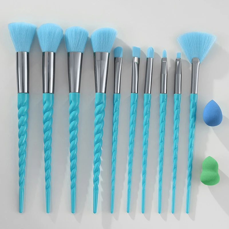 10pcs Fluorescent Green Makeup Brushes Set Threaded Handle Eye Brush with 2 Small Beauty Egg Blending Eyeshadow Lip Powder Tool