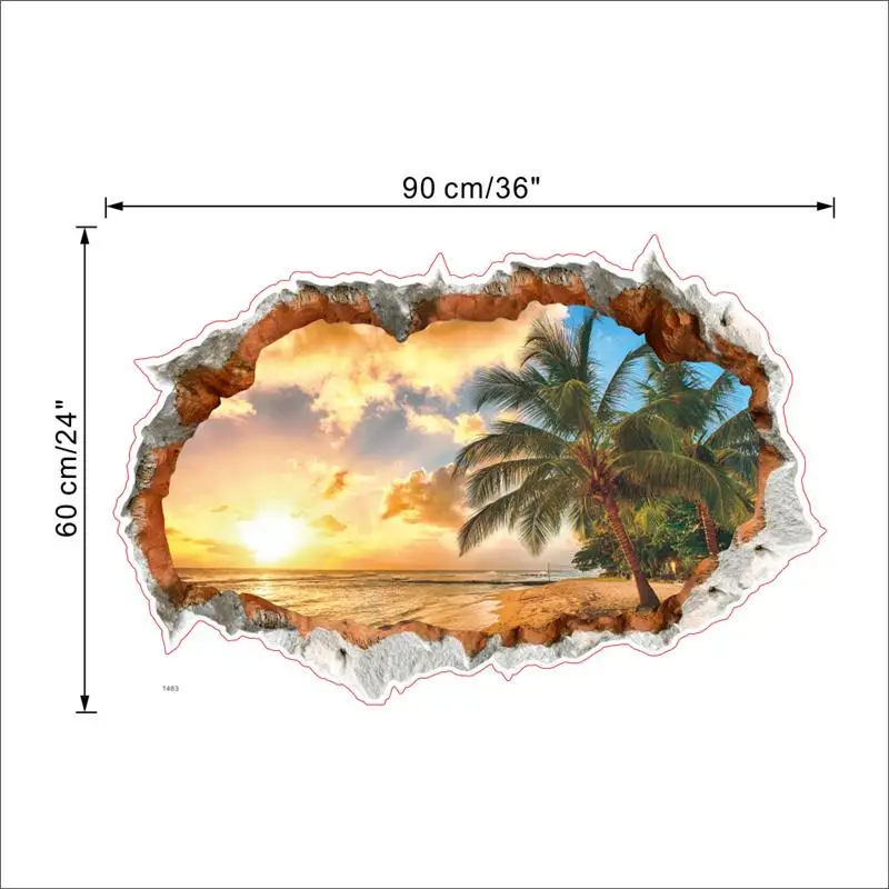 Sunset Seabeach Coconut Wall Art Stickers For Office Shop Living Room Bedroom Home Decoration 3d Broken Hole Scenery Mural Decal images - 6