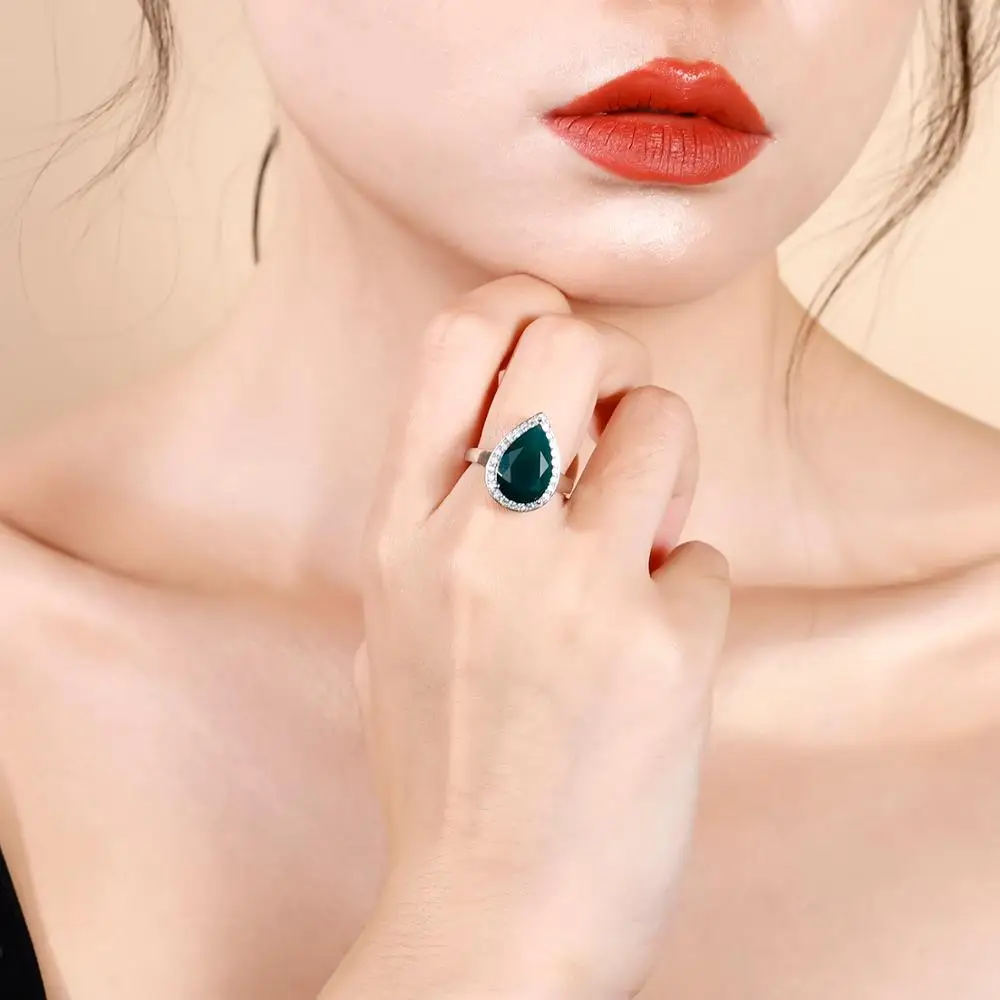 Женское кольцо из серебра зеленый агат натуральный камень пробы в форме капли