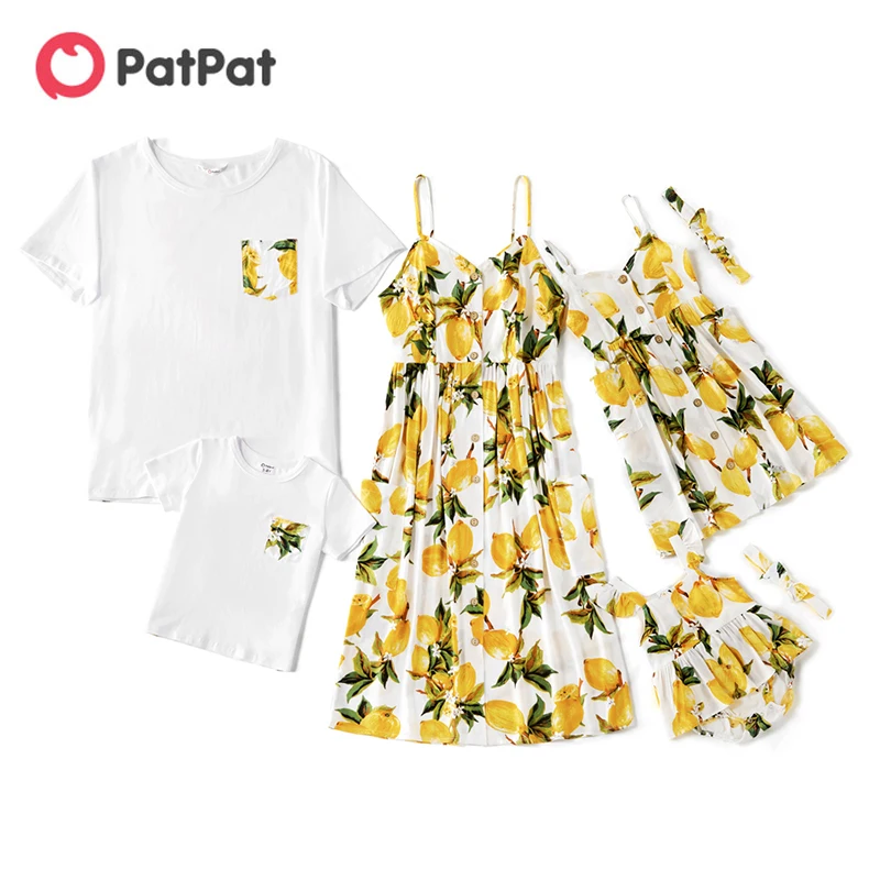 PatPat Family Matching Outfits Sets Mommy and Me Lemon Print Tank Sleeveless Dresses for Mom Girl Baby Knee Length Side Pockets