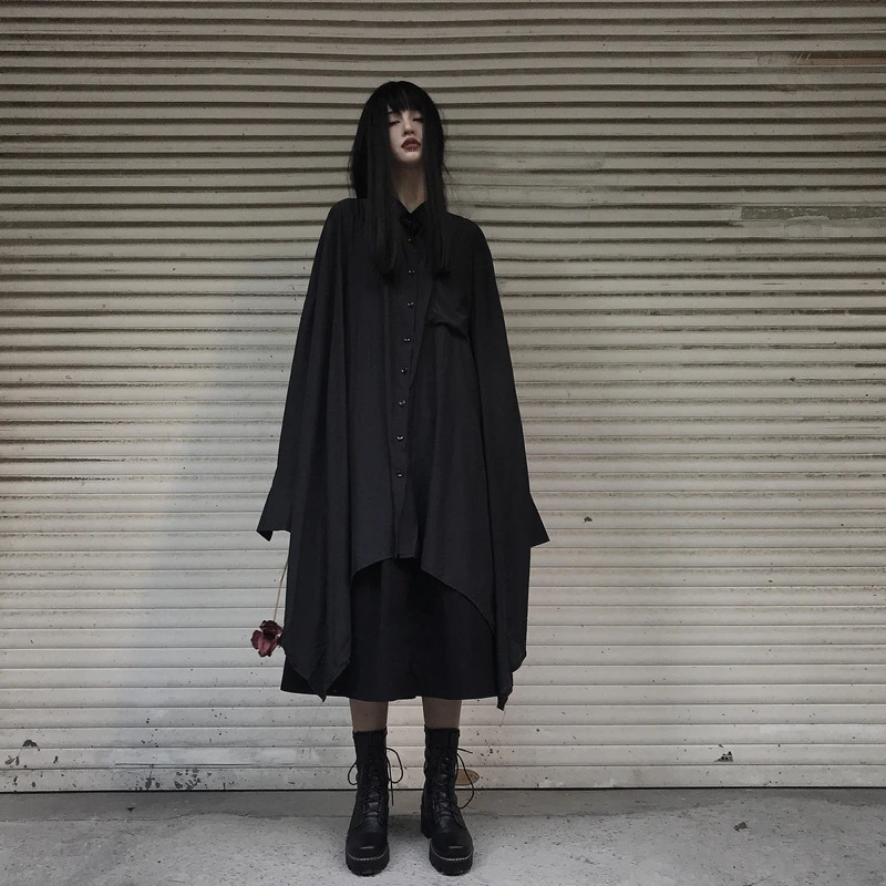 Style Harajuku Grunge Black Shirt Women Halloween Costume Long Sleeve Asymmetric Yamamoto Oversize Spring Autumn Normcore