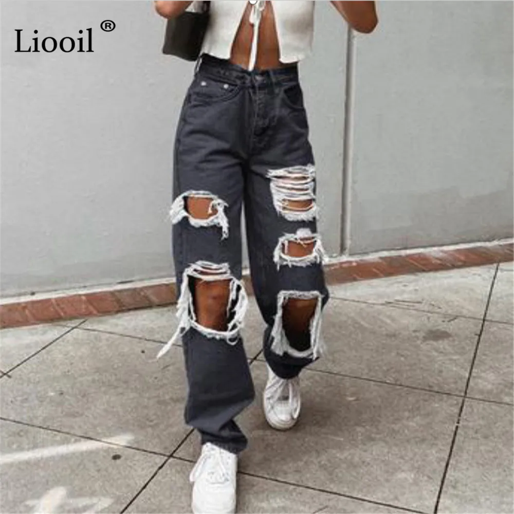 

Liooil Plus Size Loose Ripped Straight Leg Jeans With Pockets 2021 Black Blue Mid Waist Trousers Womens Sexy Hole Denim Pants