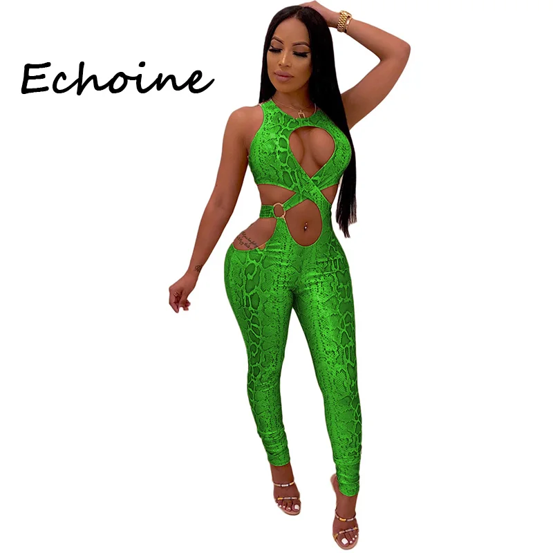 Соблазнительный комбинезон с принтом змеиная кожа вырезами боди открытой спиной