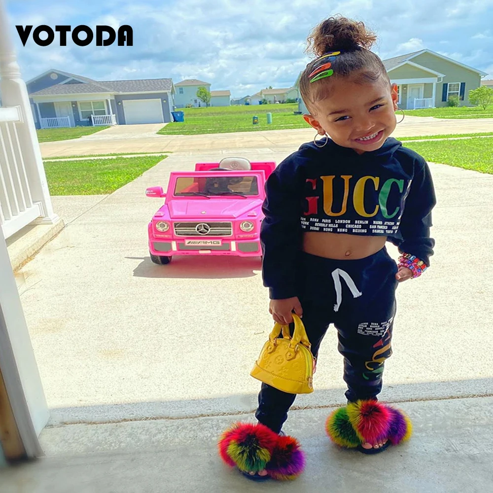 

Summer Children Fur Slippers Kids Pom Pom With Strap Fox Fur Sandal Home Fluffy Plush Flat Flip Flop Toddler Casual Beach Slides