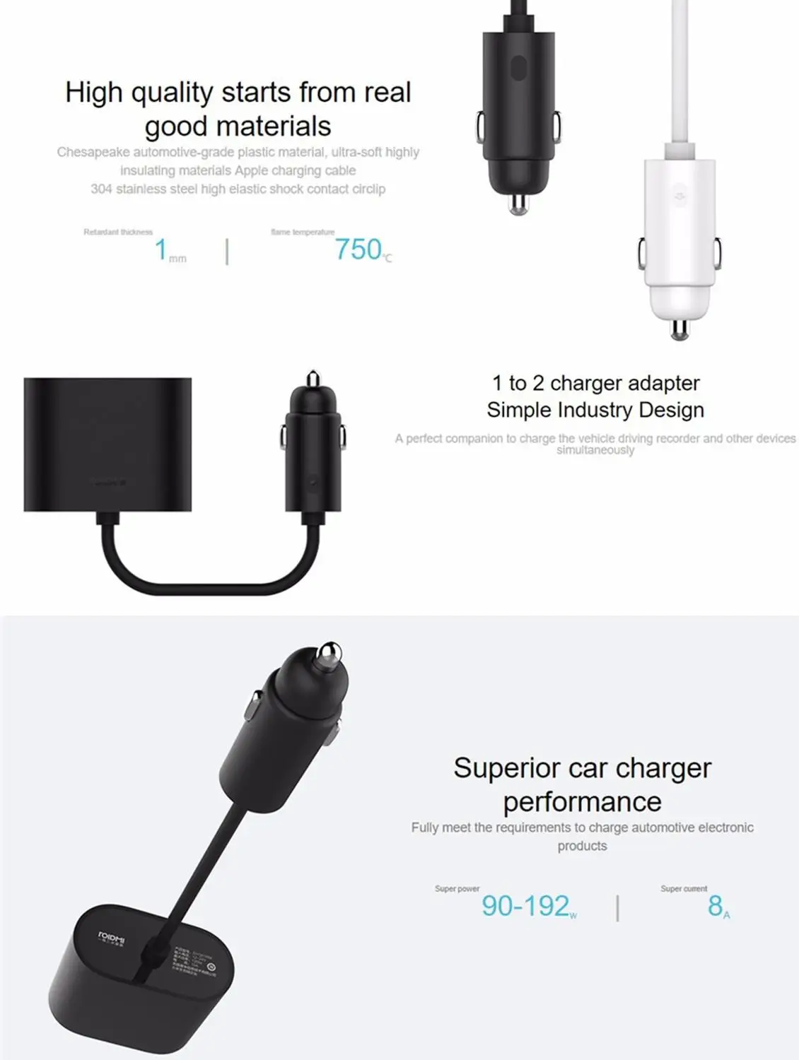 Оригинальный автомобильный прикуриватель Xiaomi ROIDMI 2 в 1 120 Вт 10 А + двойной usb порт