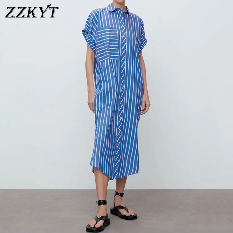 

ZZKYT 2021 Women Summer Fashion Striped Midi Dress Vintage Lapel Collar Short Sleeve Pockets Office Lady Female Dresses Vestidos