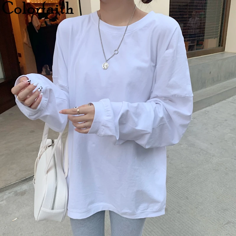 

Colorfaith New 2021 Women Spring Autumn T-shirt Bottoming Basic Fashionable Korean Style Wild Lady Oversize White Tops T2508