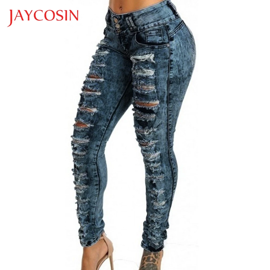 Jaycosin рваные джинсы для женщин, джинсы с высокой талией, женские брюки с пуговицами, облегающие джинсы, женские джинсовые джинсы, femme 87
