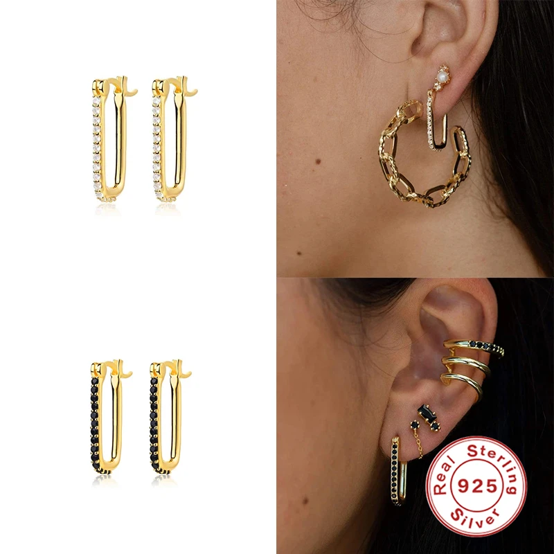 

Aide 925 Sterling Silver Hoop Earrings INS Bling Zircon U-Shape Earring For Women Girls Big Circle Pendientes orecchini Jewerly