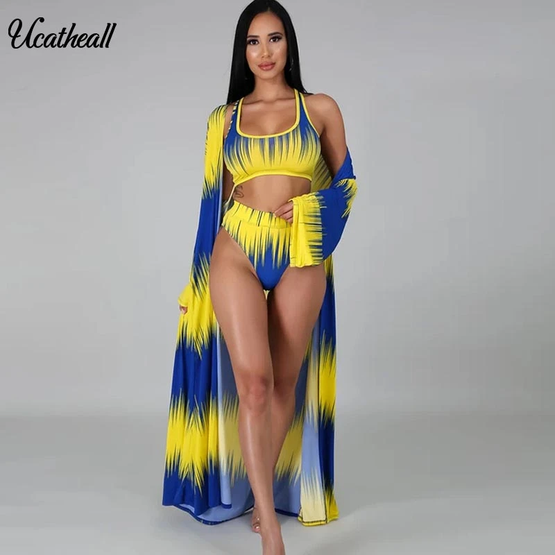 

Neon Contrast Color Print Three Piece Set Summer Women Beach Bikini Swimwear Set Sleeveless Bikinis+Kimono Cover Ups Set