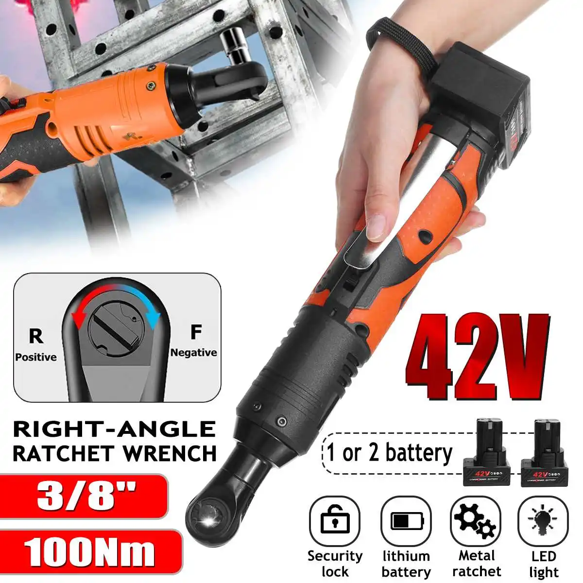 

100Nm 42V Electric Ratchet Wrench 3/8 Cordless Right Angle Drill Screwdriver Rechargeable Angle Wrench Spanner w/ 2 Battery
