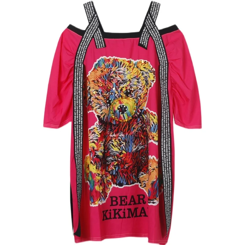 

Red Women Cartoon Printed T Shirt 2021 Women Summer Off Shoulder T Shirt Female Casual T Shirt With Ribbon Z593