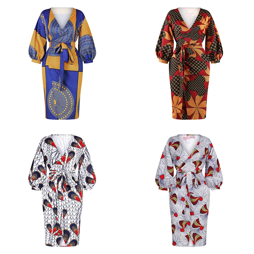

African Dresses 2020 New Product Ethnic Style Fashion V-neck Lantern Sleeve Waist Dress with Waist and Slim Cardigan Skirt