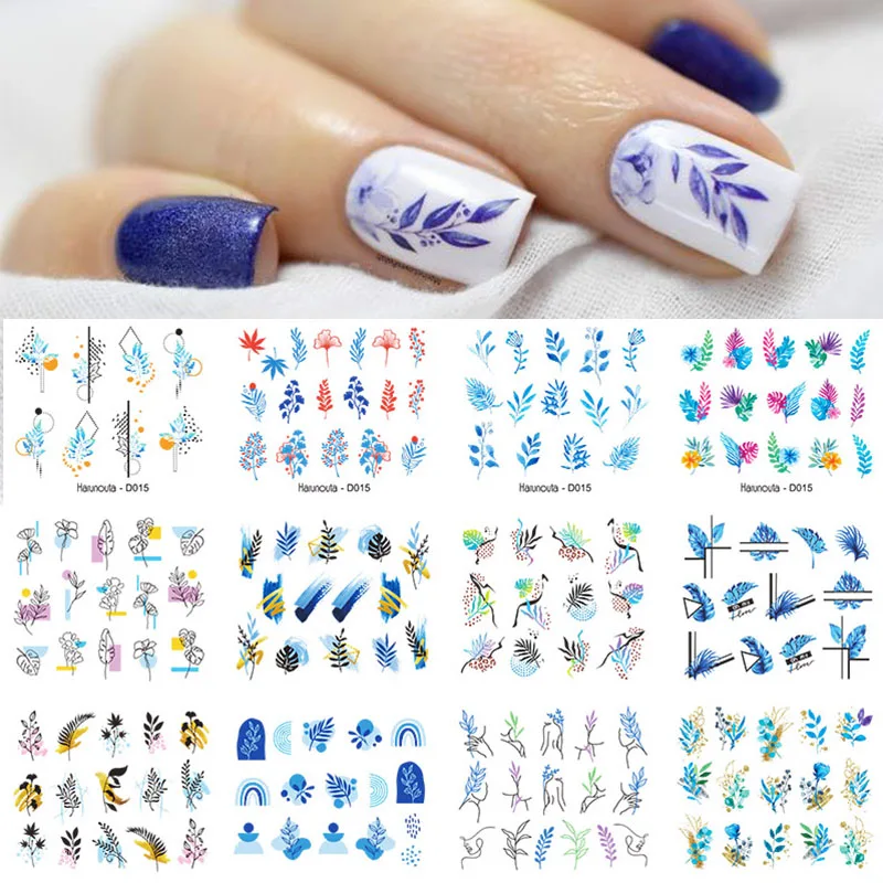 

12Pcs Blue Leaves Nail Water Transfer Stickers Set Love Heart Flowers Water Sliders for Nails Marble Lines Decals Manicures Tip