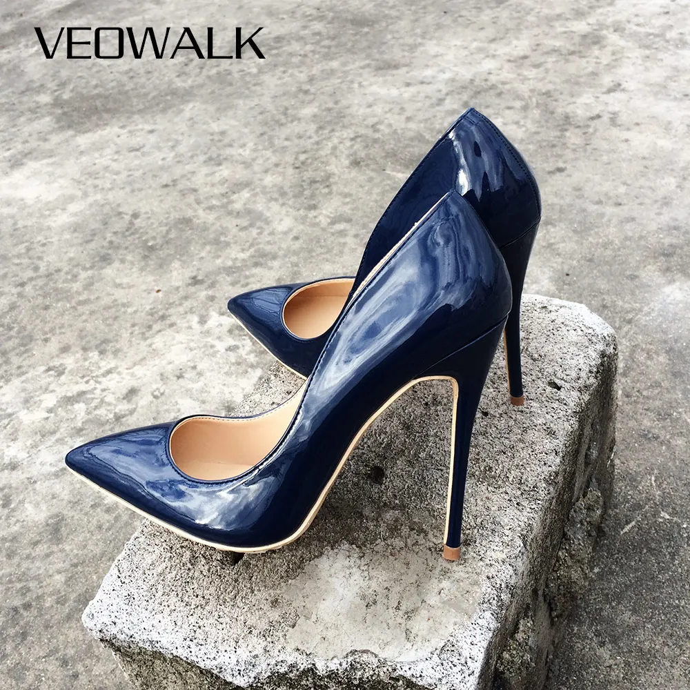 Veowalk-zapatos de tacón alto con punta estrecha para mujer, calzado de charol brillante, Stilettos, Color sólido, azul marino