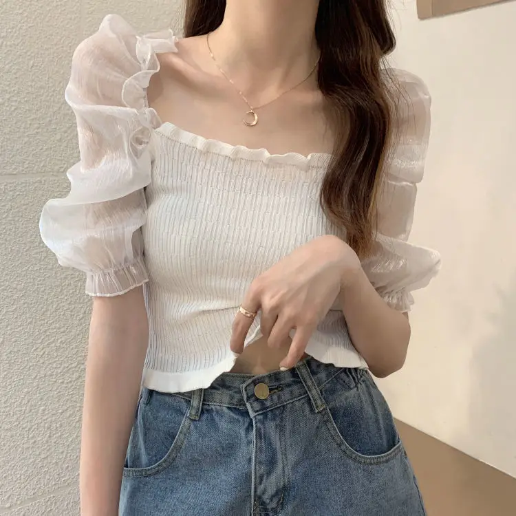 Женские футболки с сетчатыми вставками короткий топ пышными рукавами и