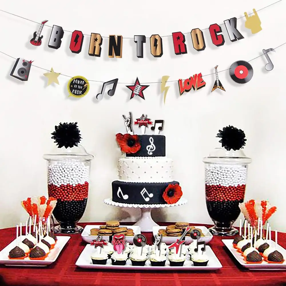 

Украшения для детского дня рождения в стиле рок-н-ролл, подвесной баннер на заметку, Топпер для торта, музыкальная тема, принадлежности для п...