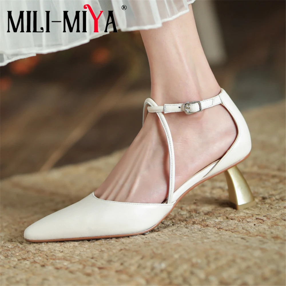 

MILI-MIYA New Arrival Women Genuine Leather Pumps Buckle Strap Pointed Toe Thick Heels Ankle Wrap Dress Party Shoes Handmade