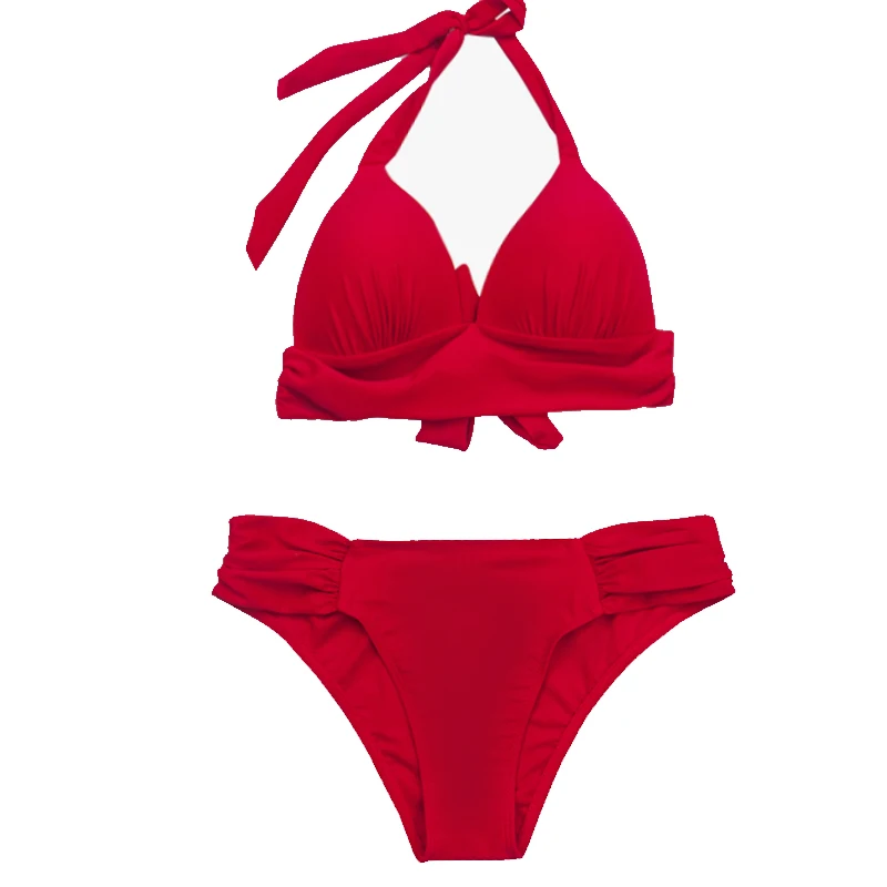 

Solid Push Up Cup Bikini Swimsuit Women Halter Sexy Biquini Low-Waisted High Leg Thong Bottom Swimwear Bathing Suit Beach Wear