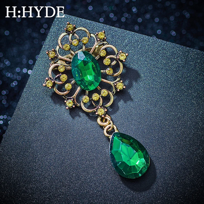H: HYDE Винтаж Броши Булавки с большой CZ камень подвеской водослива горный Хрусталь Уникальные Красные украшения зеленый ювелирные изделия 4 цвета