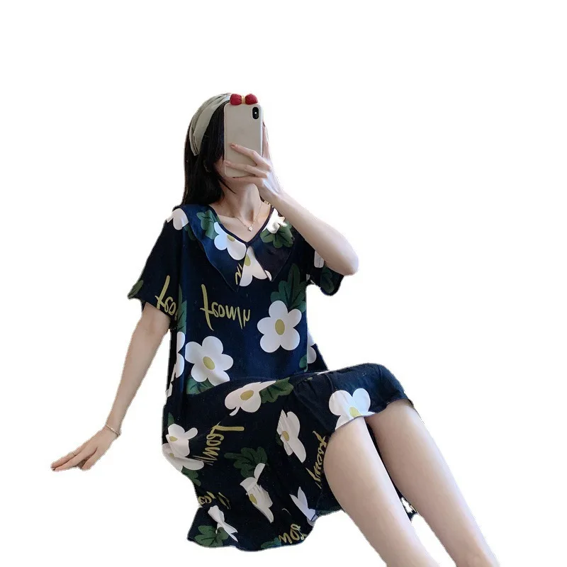 2021 New Summer Women's Nightdress Short Sleeve Nightgown Thin Large Size Loose Printed Housewear Female Sleepwear Nightwear