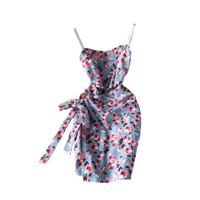 

2021 Spring Summer Flowers Irregular Print Dress Women's Fashion Navel Open Sling Temperament Lace Irregularities Sexy Dress