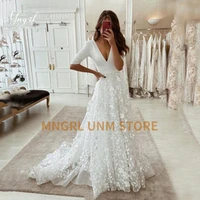 mngrl white wedding gown chiffon v neck long sleeve 3d flower bridal dresses back zipper custom made 2021