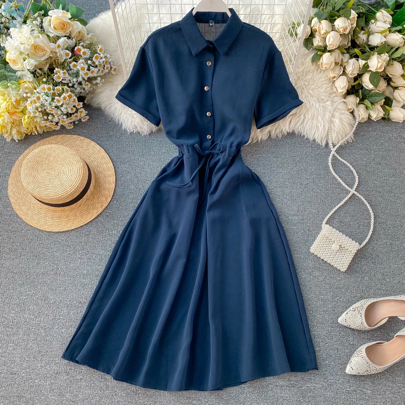 Женское платье до середины икры однотонное Повседневное с коротким рукавом и