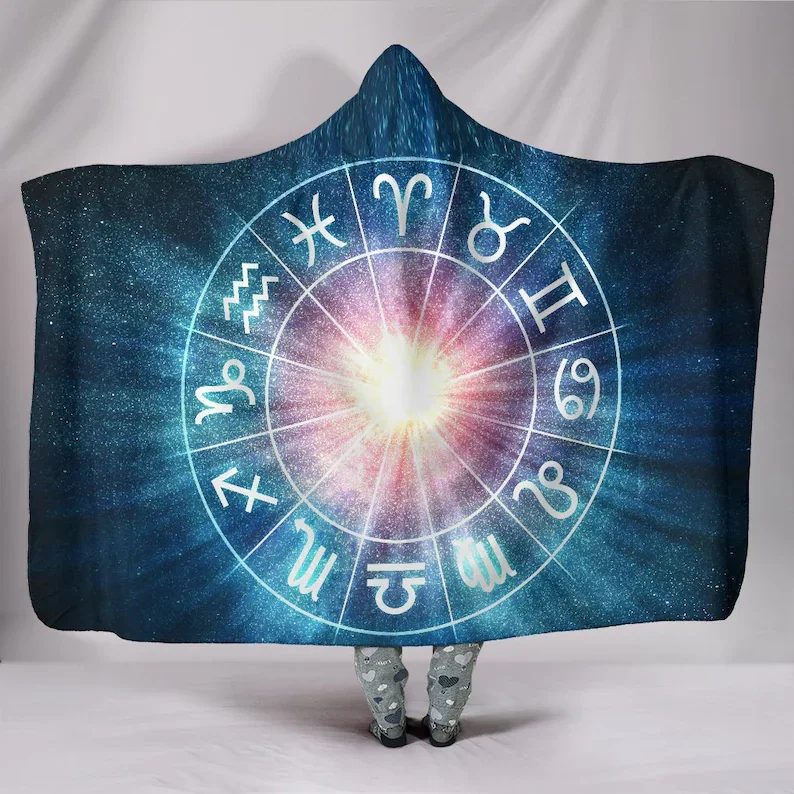 

Zodiac Signs Wheel Astrology Hooded Blanket for Adults and Kids, Sherpa Blanket with a Hood, Soft Blanket