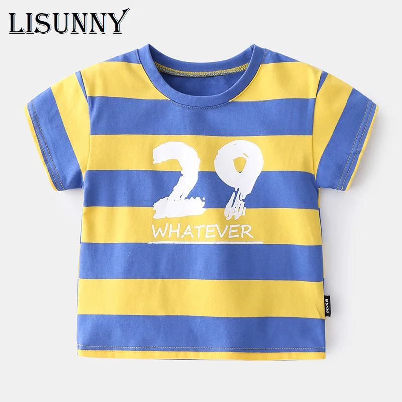 

LISUNNY От 1 до 6 лет футболка для мальчиков 2021 летняя детская футболка с короткими рукавами, хлопковая футболка в полоску с О-образным вырезом д...