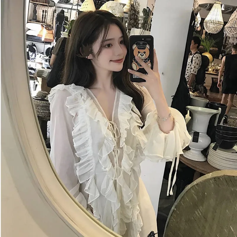 

2020 new Long Sleeve summer Dress Women Short Party Ruffles Femme Elegant black white Ladies Chiffon Dress Vestidos