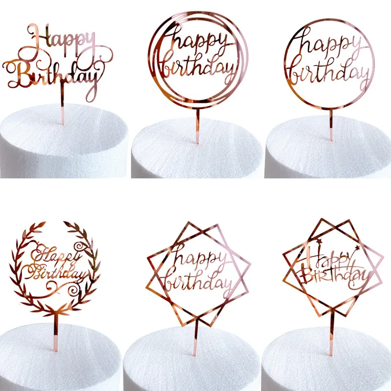

New Acrylic Rose Gold Happy Birthday Cake Topper Pink Gold Mirror Acrylic Cake Topper For Girls Birthday Party Cake Decorations