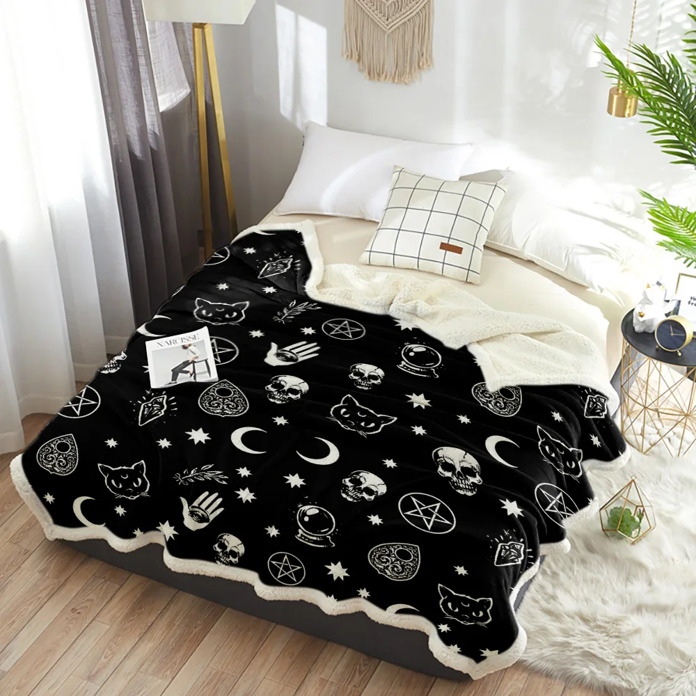 

BIGHOUSES Throw Blanket Black Witch Skull Moon Divination Fleece Blankets Personalized Blankets Bedclothes