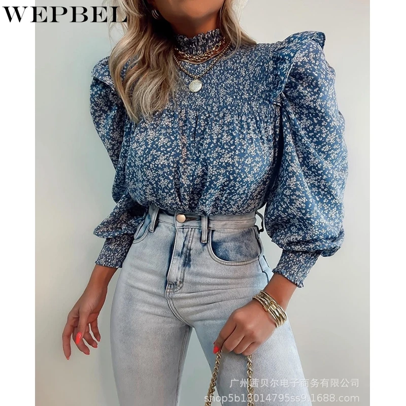 

WEPBEL Casual Turtleneck Shirt Autumn Fashion Floral Print Long Sleeve Shirt Women's Loose Pleated Ruffle Stitching Shirt